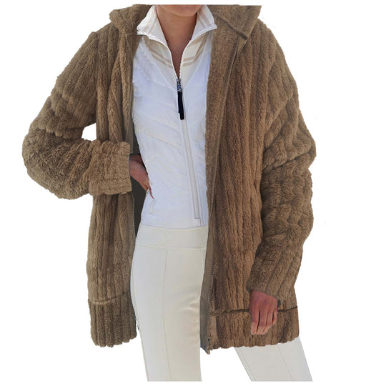 Damen Oversize Teddy‑Fleece Kapuzenmantel mit Rippbündchen und Eingrifftaschen Shop Nory