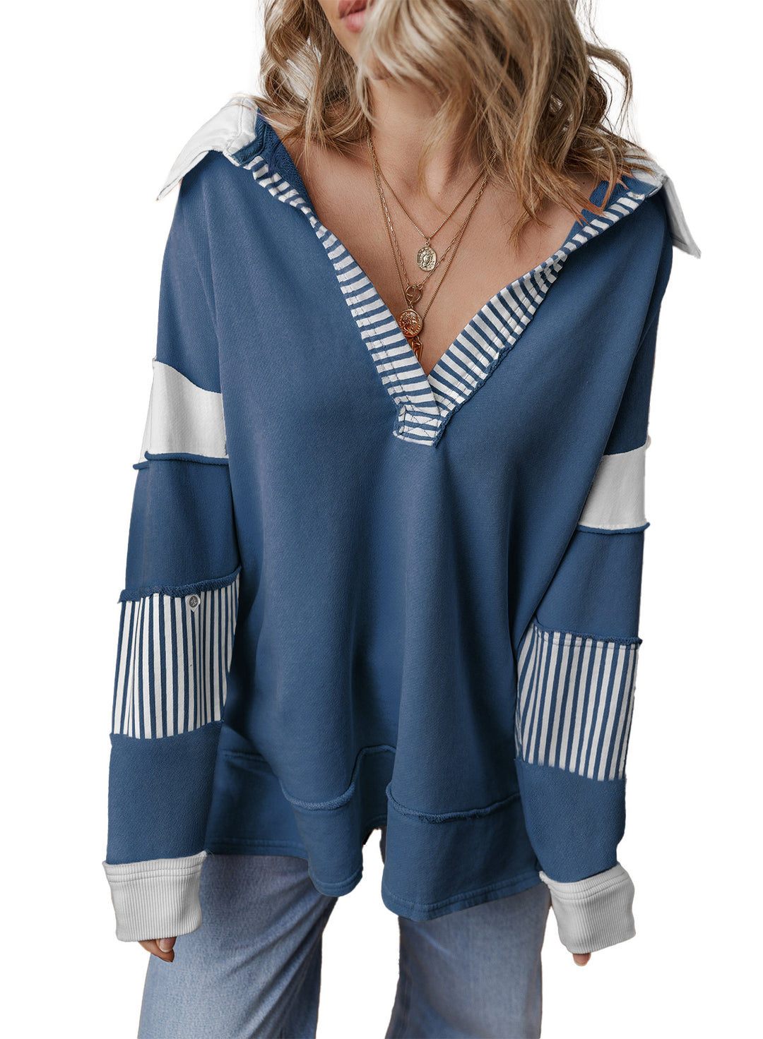 Damen Oversize Sweatshirt mit V-Ausschnitt, gestreiften Ärmelaufsätzen und Kontrastdetails Shop Nory