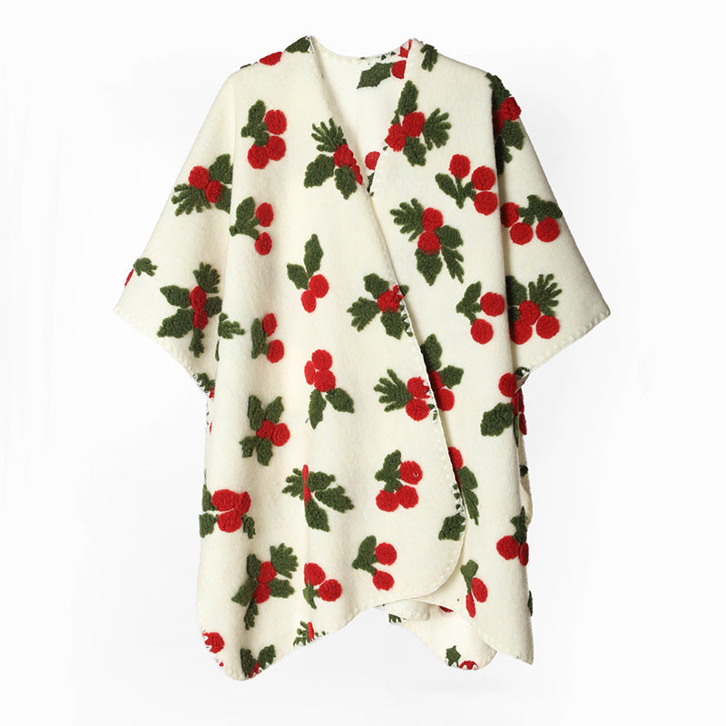 Damen Wolloptik-Poncho mit geprägtem Beeren-Jacquard und offenem Wasserfall-Schnitt Shop Nory