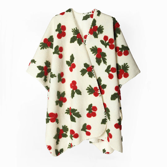 Damen Wolloptik-Poncho mit geprägtem Beeren-Jacquard und offenem Wasserfall-Schnitt Shop Nory