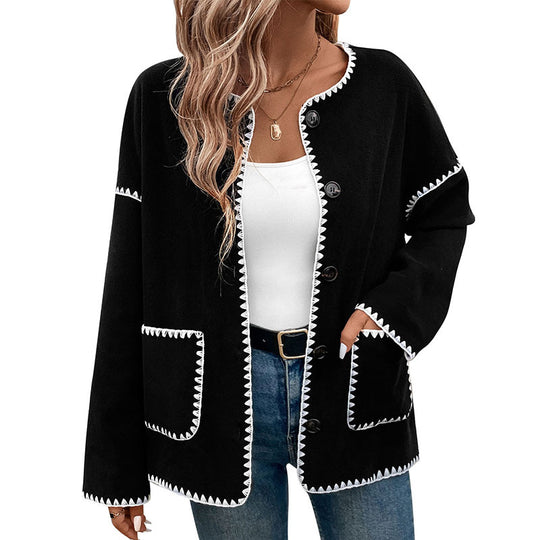 Damen Oversize-Strickjacke mit kontrastierenden Ziernähten, aufgesetzten Taschen und Knopfleiste Shop Nory