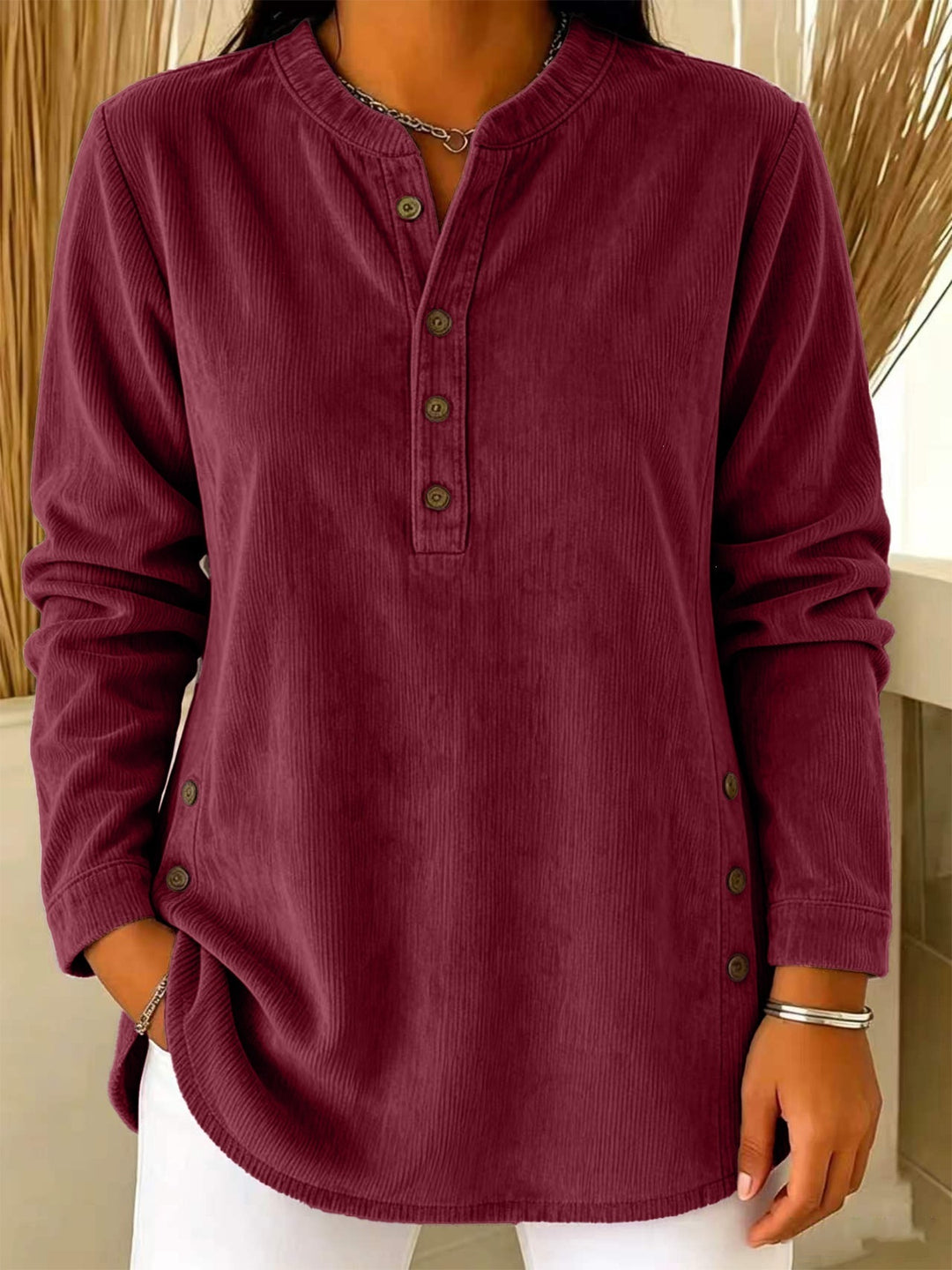 Damen Lässige Cordoptik‑Tunika mit Henley‑Kragen und Seitenknöpfen Shop Nory