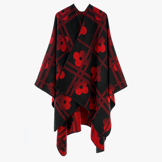 Damen Grobgewebter Deckenponcho im Ruana‑Schnitt mit floraler Karo‑Jacquard Shop Nory