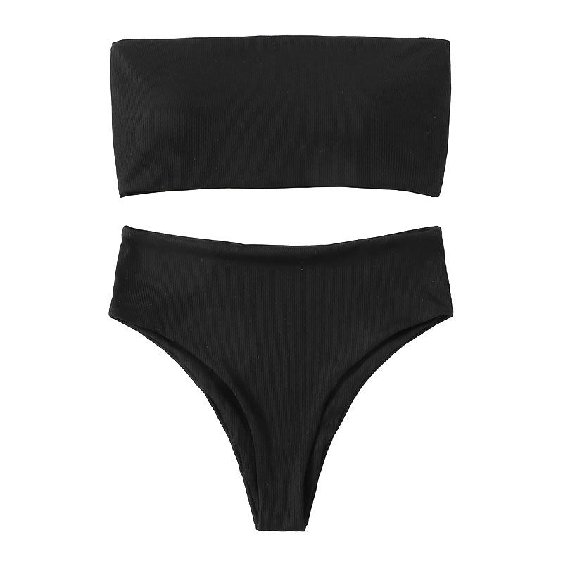 Damen Bandeau-Bikini mit hohem Bund und Rippdesign