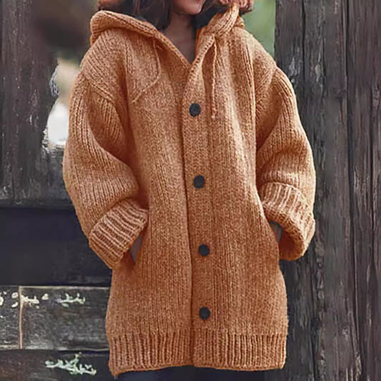Damen weit geschnittener Kapuzen-Strickmantel mit Knopfleiste und Eingrifftaschen Shop Nory