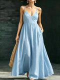 Damen Sommerkleid Midikleid Spaghettiträger V-Ausschnitt