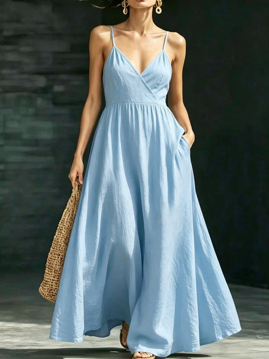 Damen Sommerkleid Midikleid Spaghettiträger V-Ausschnitt