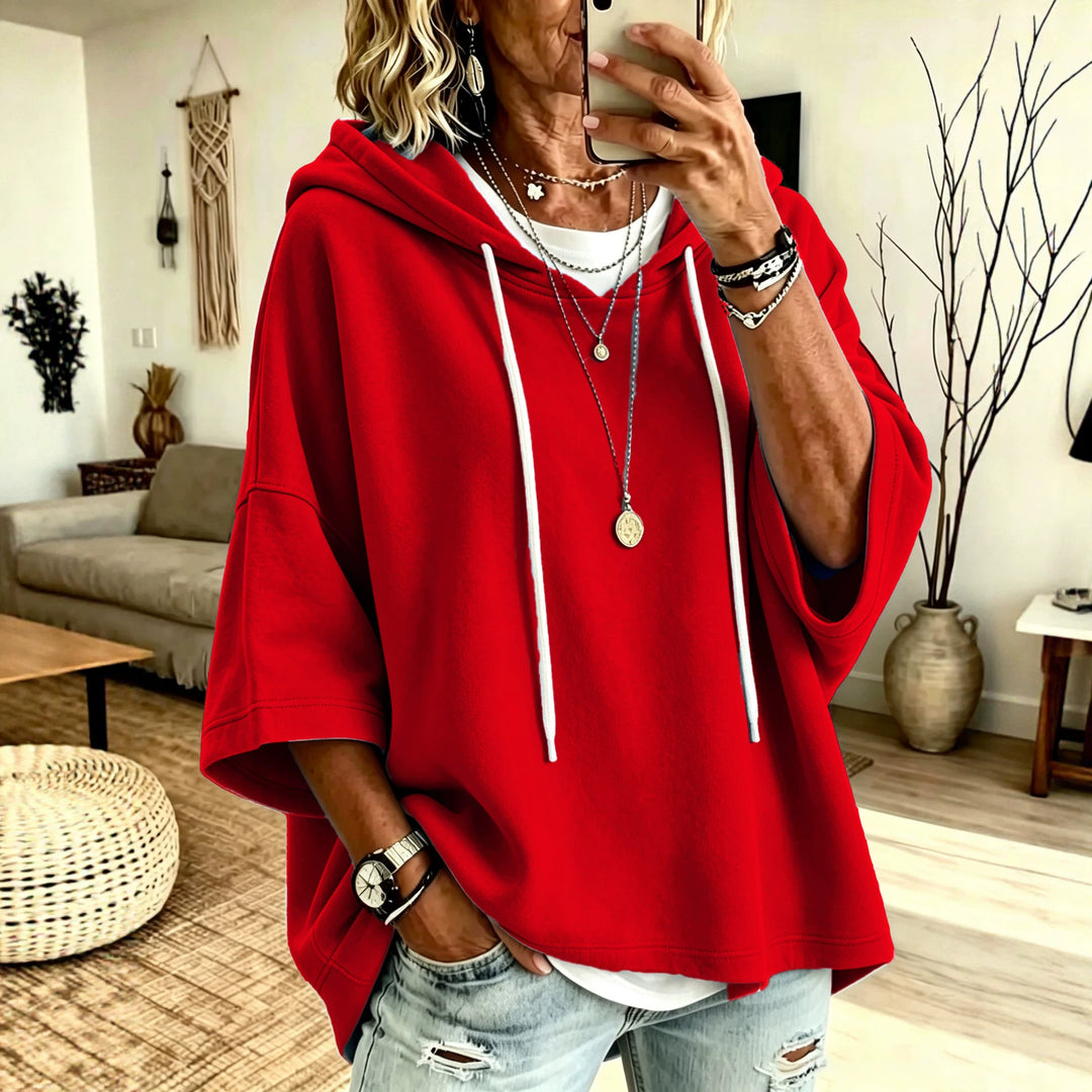 Damen Kurzarm-Oversize-Hoodie mit Kapuze und Kontrastkordel Shop Nory