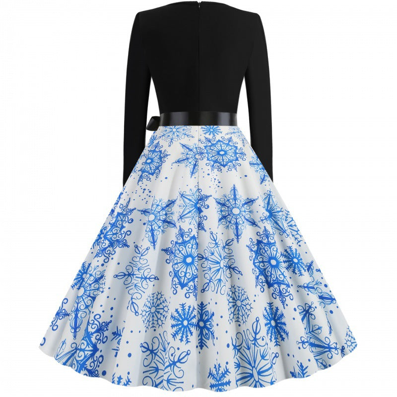 Damen Festliches Tellerrockkleid mit geschwungener Ausschnittkante, langen Ärmeln und Satin-Taillengürtel Shop Nory