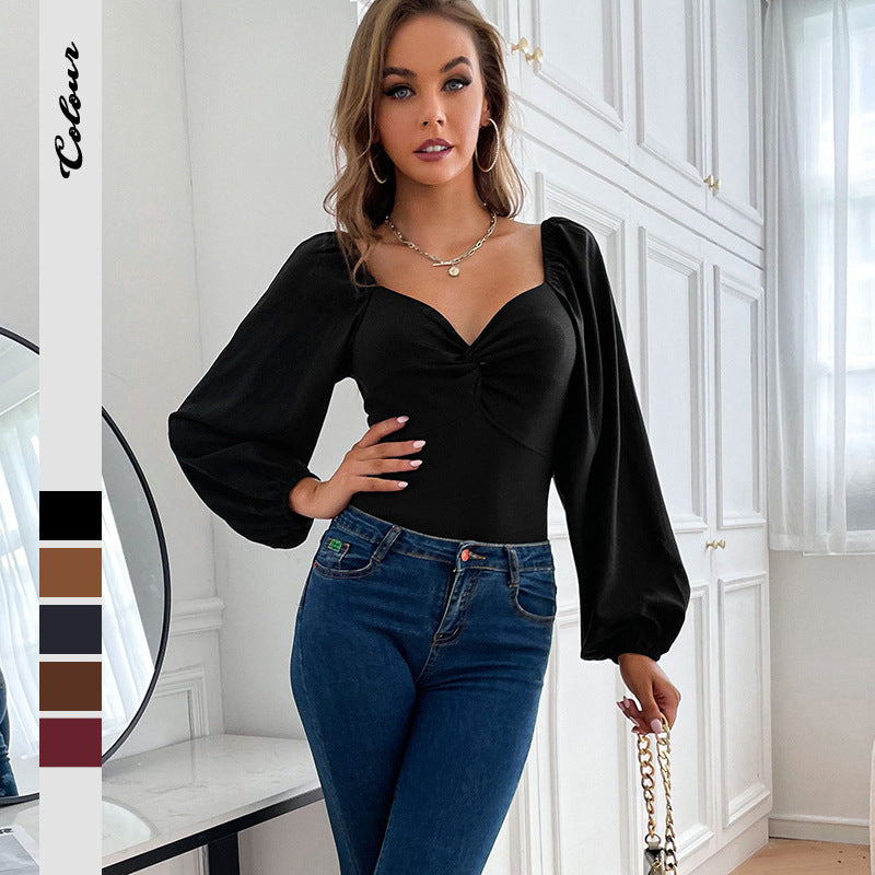 Damen Figurbetonter Langarm-Body mit gedrehtem Bustier und Ballonärmeln Shop Nory