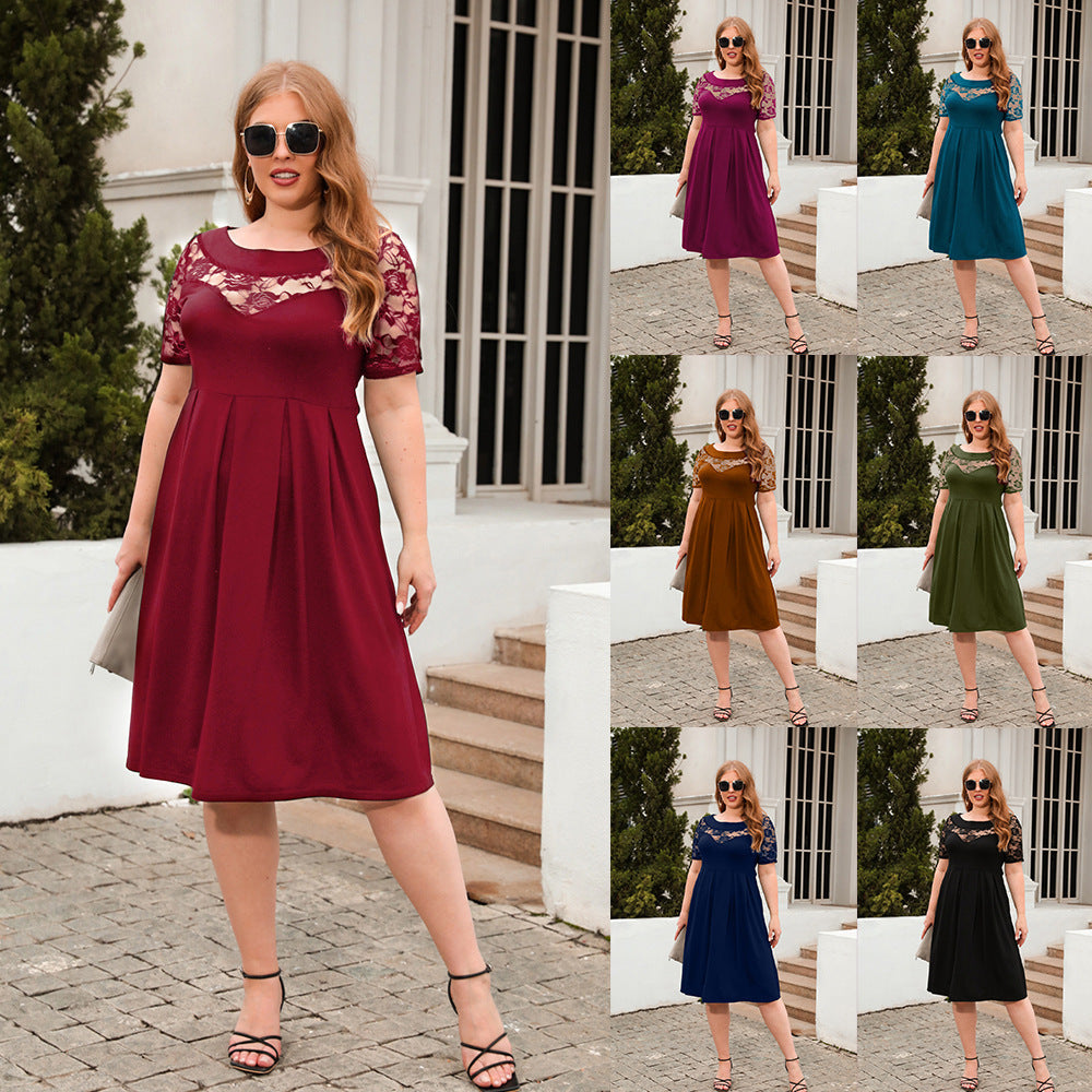 Damen Elegantes Kleid mit Spitzenärmel und schwingendem Rock
