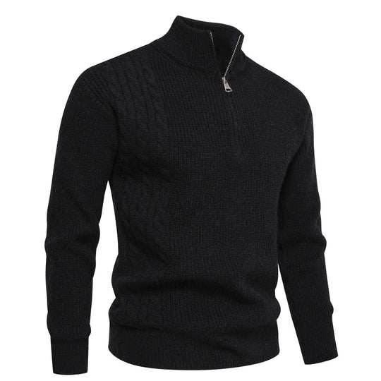 Herren Feinstrick-Halbzip-Pullover mit Stehkragen, Rippstruktur und Schulter-Zopfdetail Shop Nory