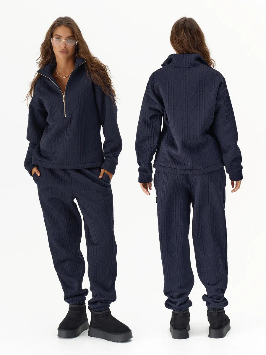 Damen Zopfstrick-Lounge-Set mit halbem Reißverschluss und hochtaillierter Jogginghose Shop Nory