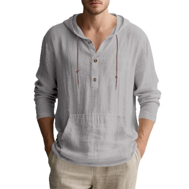 Herren Leichter Kapuzen-Henley aus Baumwoll-Leinen mit Kängurutasche Shop Nory