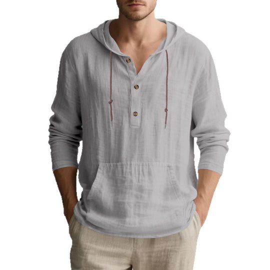Herren Leichter Kapuzen-Henley aus Baumwoll-Leinen mit Kängurutasche Shop Nory