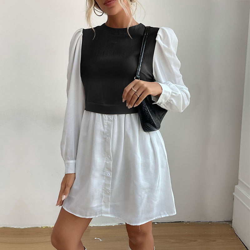 Damen Hemdblusenkleid mit eingesetzter kurzgeschnittener Weste, Puffärmeln und taillierter Silhouette Shop Nory
