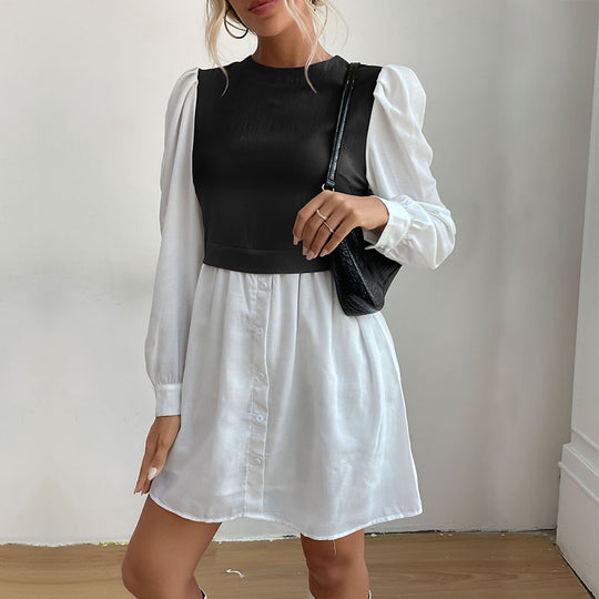 Damen Hemdblusenkleid mit eingesetzter kurzgeschnittener Weste, Puffärmeln und taillierter Silhouette Shop Nory