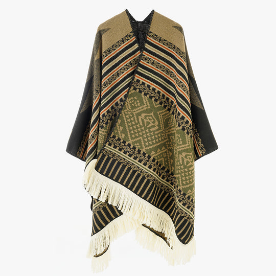 Damen Ethno-Jacquard Cape aus Wollmix mit asymmetrischem Saum, V-Ausschnitt und Fransen Shop Nory