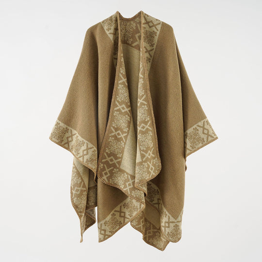 Damen Oversize-Umhangponcho aus Wollmix mit gewebter Bordüren-Jacquard und Zierkettelnaht Shop Nory