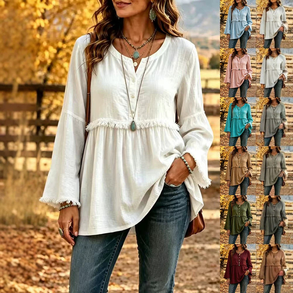 Damen Fransen-Tunika-Bluse mit V-Ausschnitt und Glockenärmeln Shop Nory