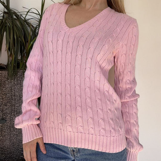 Damen nan Premium-Baumwollmix Zopfstrickpullover mit tiefem V-Ausschnitt und taillierter Silhouette Shop Nory