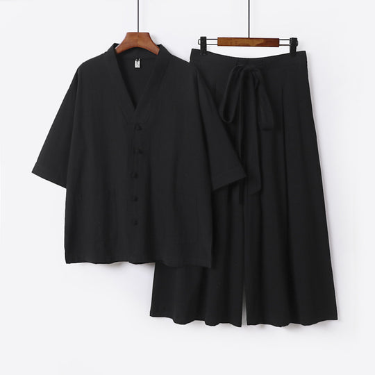 Damen Zweiteiliges Kimono-Lounge-Set mit Kurzarm-Knopfjacke, aufgesetzten Taschen und weiten Palazzo-Hosen Shop Nory