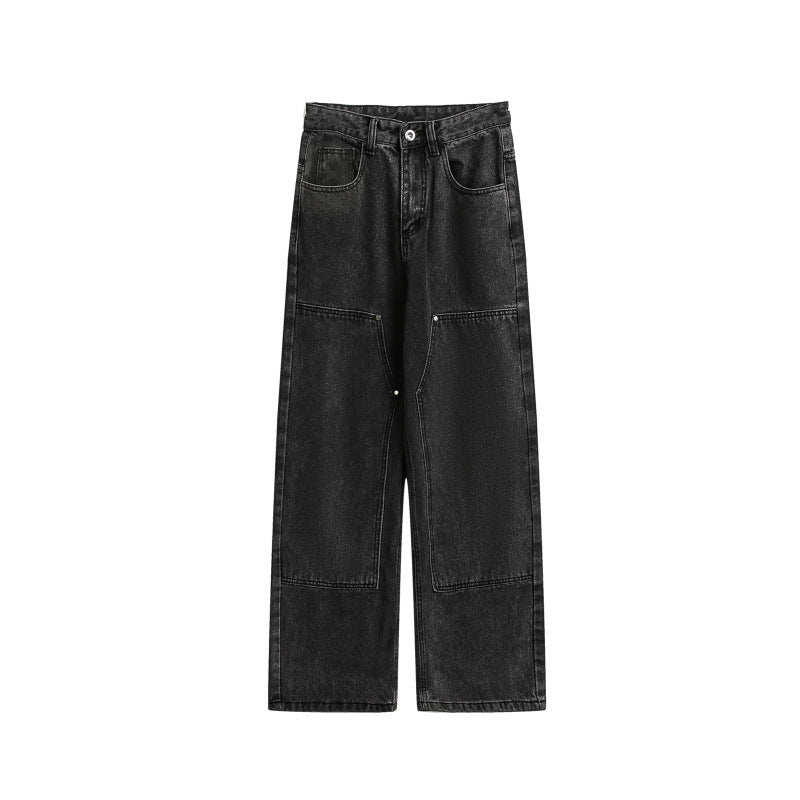 Damen Weite Utility-Denimhose mit Knie‑Patch, hohem Bund und geradem Bein Shop Nory