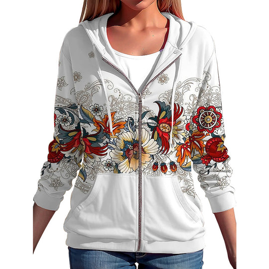 Damen Kapuzenjacke mit durchgehendem Reißverschluss und floraler Boho-Print-Optik Shop Nory