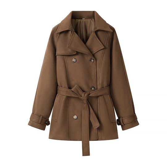 Damen Kurzer Wildleder-Trenchcoat mit Doppelreihe und Taillengürtel Shop Nory