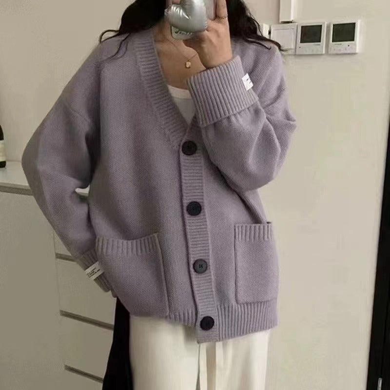Damen Grob gestrickter Cardigan mit großen Taschen und tiefem V-Ausschnitt
