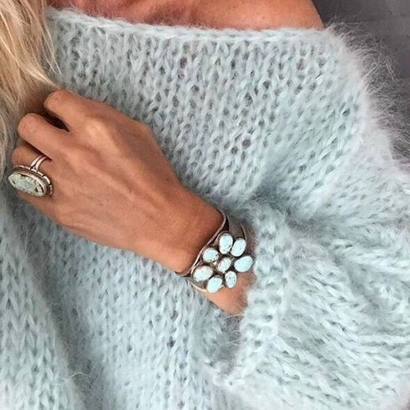Damen Kurzgeschnitteter flauschiger Grobstrickpullover mit überschnittener Schulter Shop Nory