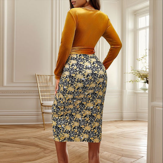 Damen Wickelkleid mit Samtoberteil und floraler Jacquard-Bleistiftrock Shop Nory