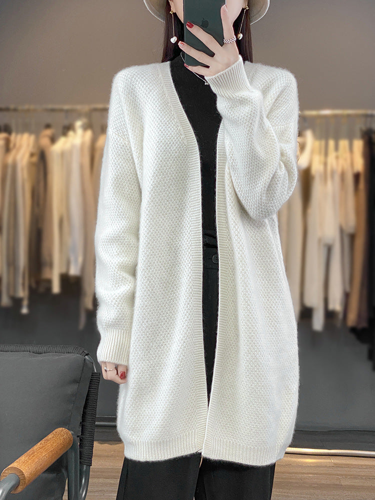 Damen Langer Offener Strickcardigan mit Samenmuster und gerippten Abschlüssen Shop Nory
