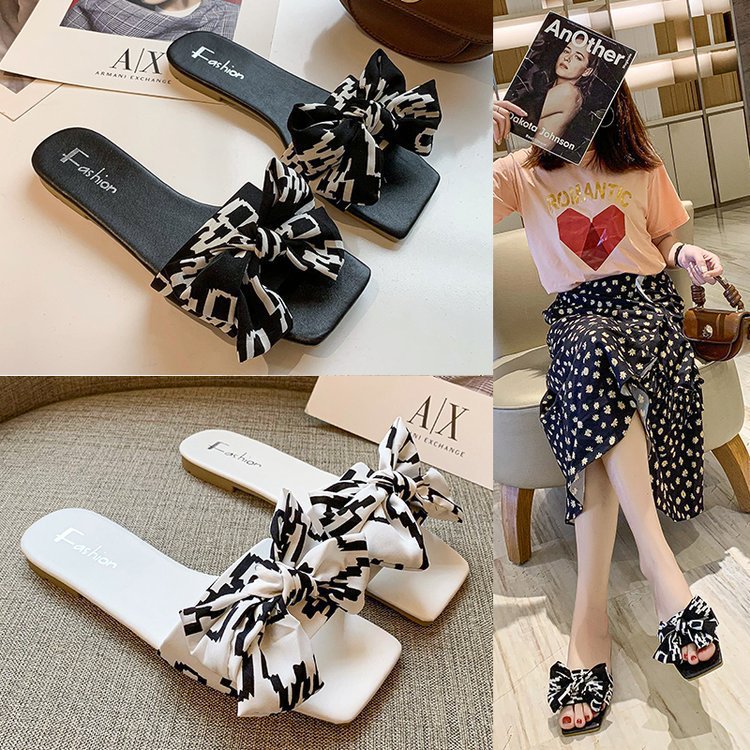 Damen Flache Riemen-Slides mit großem Stoffknoten und quadratischer Zehenpartie Shop Nory