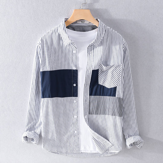Herren Gestreiftes Overshirt mit Farbblock‑Einsätzen und aufgesetzter Brusttasche Shop Nory