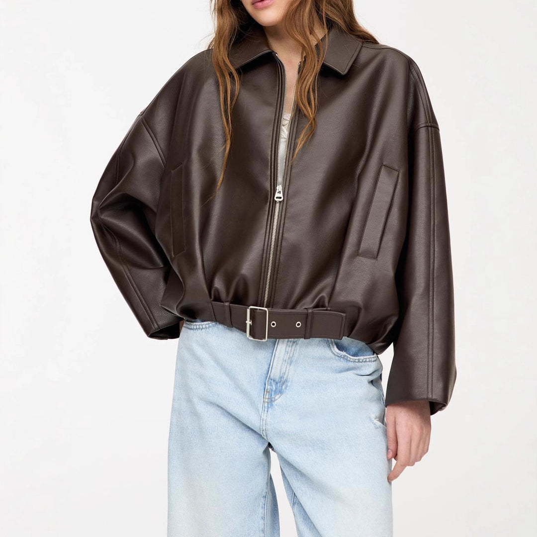 Damen nan kurz geschnittene Kunstlederjacke mit durchgehendem Reißverschluss und taillierendem Gürtel Shop Nory