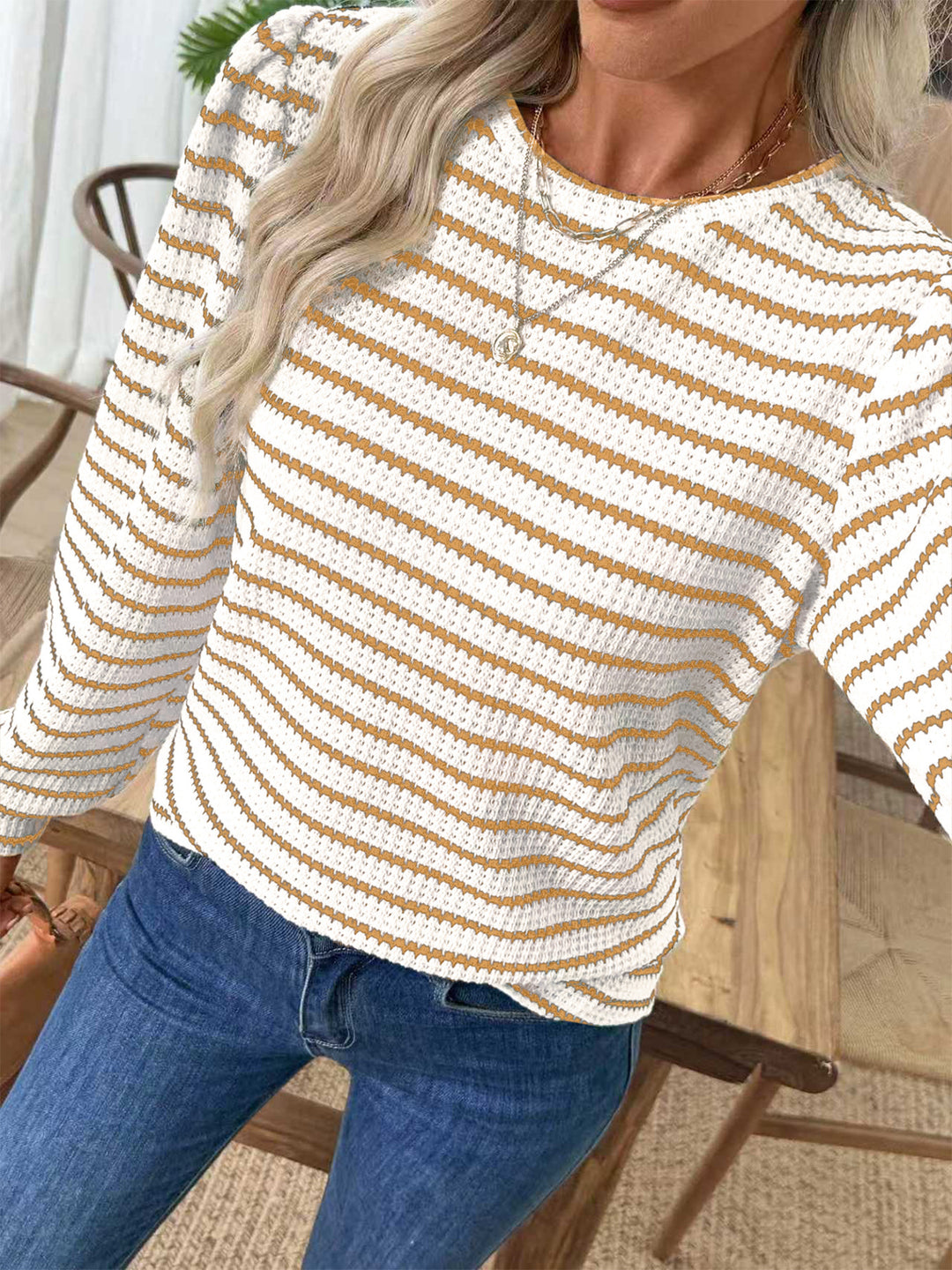 Damen Gestreiftes Feinstrick-Longsleeve mit Strukturstrick und Rundhalsausschnitt Shop Nory