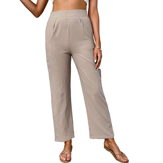 Damen Leichte Leinenoptik-Hose mit hoher Taille und geradem Bein Shop Nory