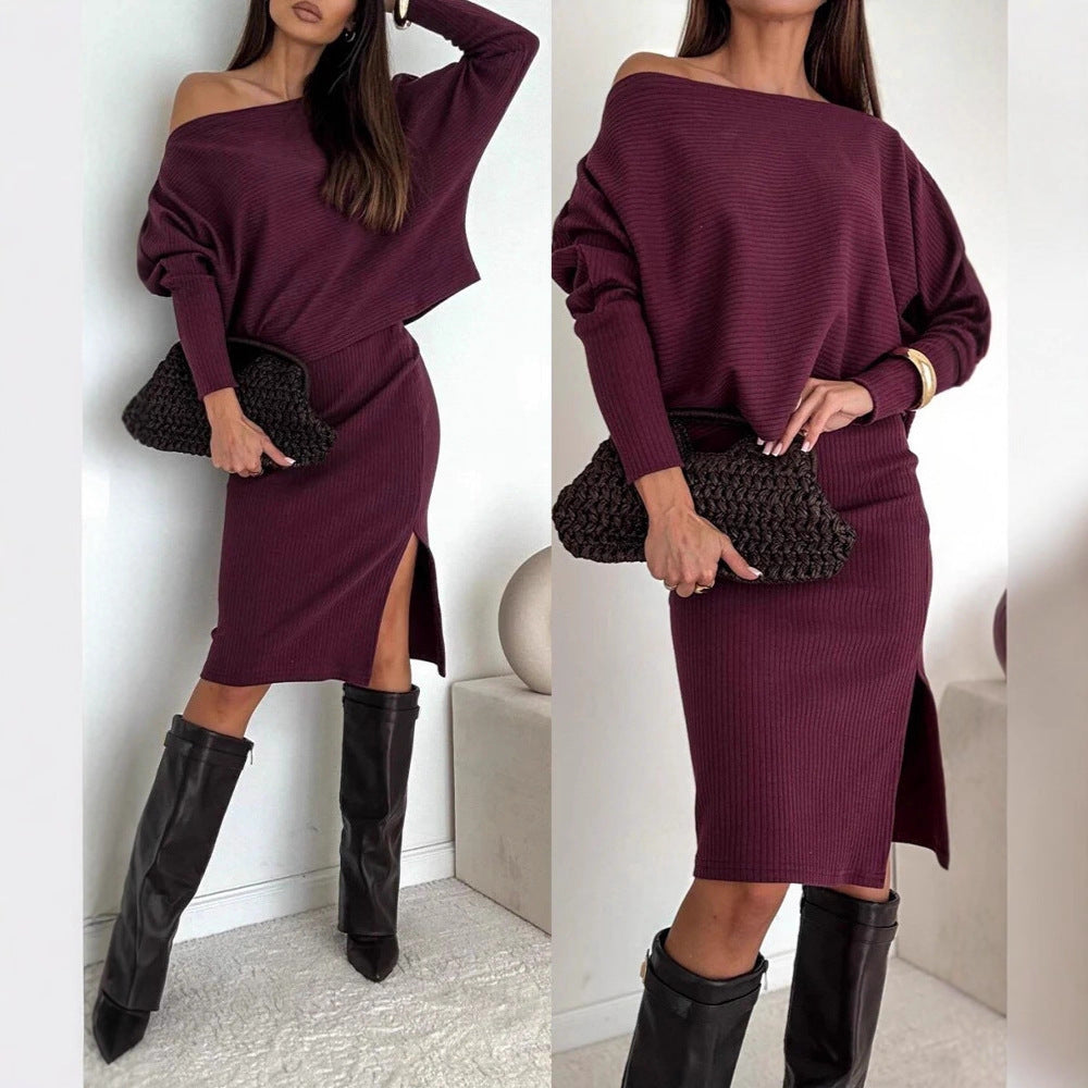 Damen Zweisitiges geripptes Strick-Set mit Off-Shoulder-Oversize-Pullover und tailliertem Midirock mit Seitenschlitz Shop Nory