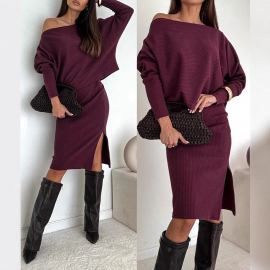 Damen Zweisitiges geripptes Strick-Set mit Off-Shoulder-Oversize-Pullover und tailliertem Midirock mit Seitenschlitz Shop Nory