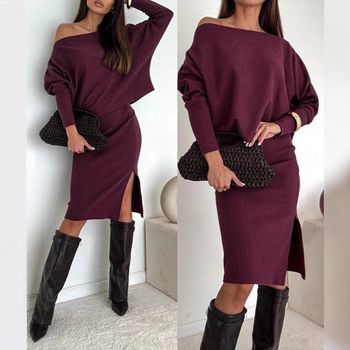 Damen Zweisitiges geripptes Strick-Set mit Off-Shoulder-Oversize-Pullover und tailliertem Midirock mit Seitenschlitz Shop Nory
