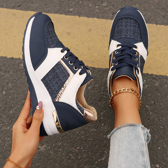 Damen sportive Keil-Sneaker mit strukturiertem Strickmix gepolstertem Komfortfußbett und goldenen Akzenten Shop Nory