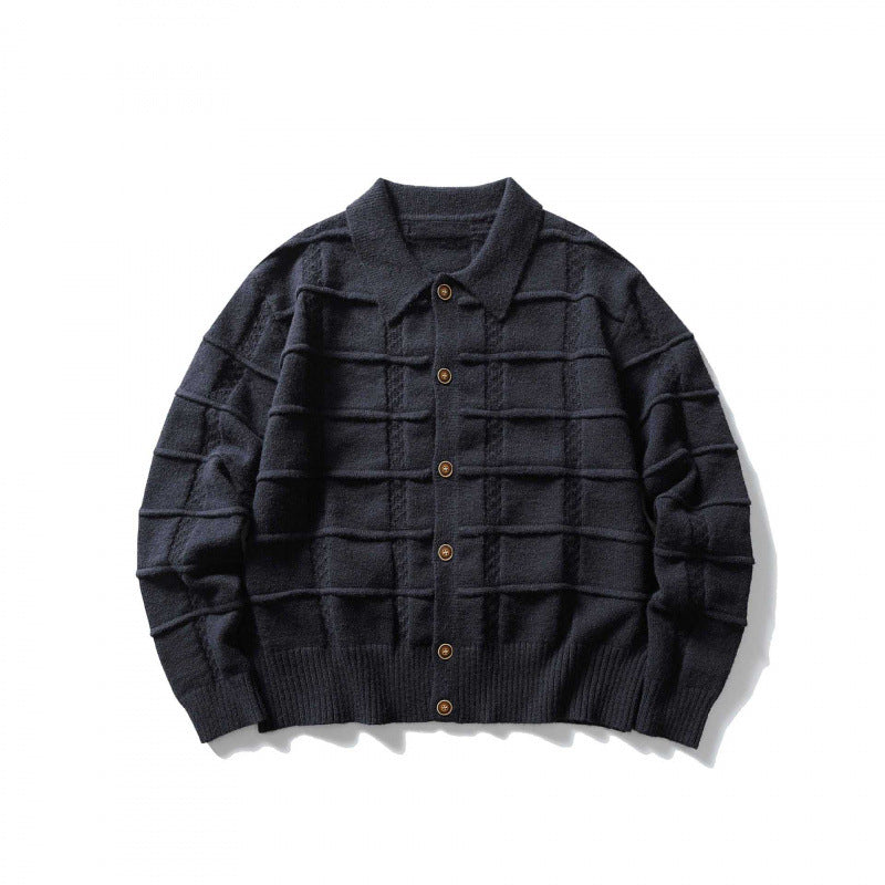 Unisex Kastenförmige Strickjacke mit Hemdkragen und strukturierter Karoprägung Shop Nory