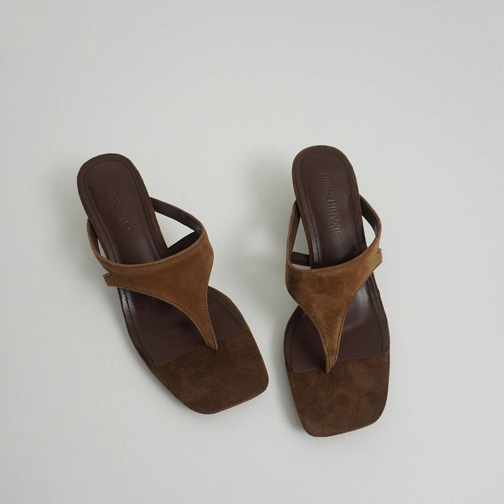 Damen elegante Zehentrenner-Pantoletten aus hochwertigem Wildleder mit bequemer Sohle