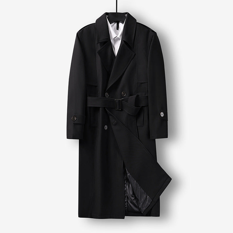 Herren Midilanger Doppelreihiger Trenchcoat mit Taillengürtel, abgefalcetem Revers und kariertem Innenfutter Shop Nory