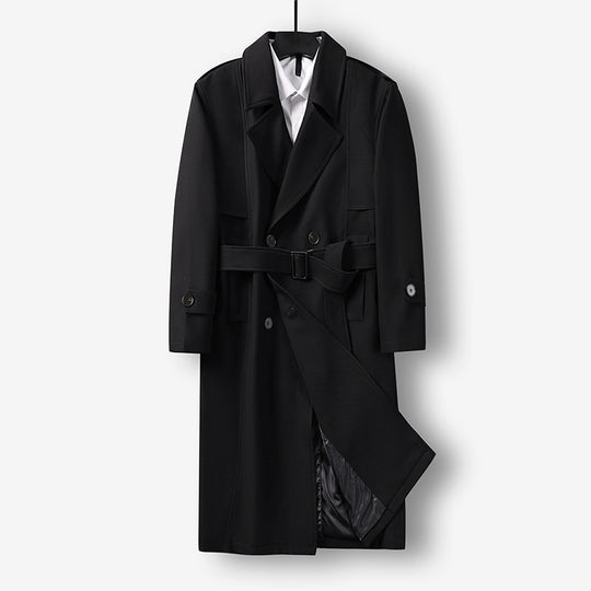 Herren Midilanger Doppelreihiger Trenchcoat mit Taillengürtel, abgefalcetem Revers und kariertem Innenfutter Shop Nory