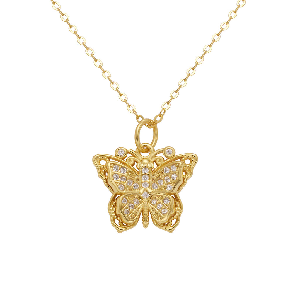 Damen Halskette mit kunstvollem Schmetterlingsanhänger aus goldfarbenem Metall und funkelnden Zirkonia Shop Nory