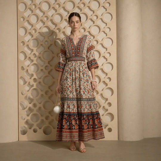 Damen langes Boho-Maxi-Kleid mit V-Ausschnitt geraffter Taille und mehrlagigem Stufenrock Shop Nory