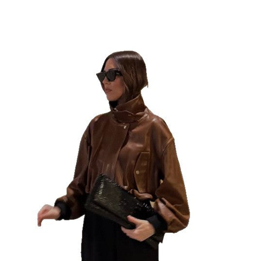 Damen Kurz geschnittener Lederblouson mit hohem Stehkragen und Ballonärmeln Shop Nory