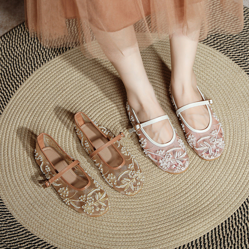 Damen Ballerinas mit floralem Stickereibesatz